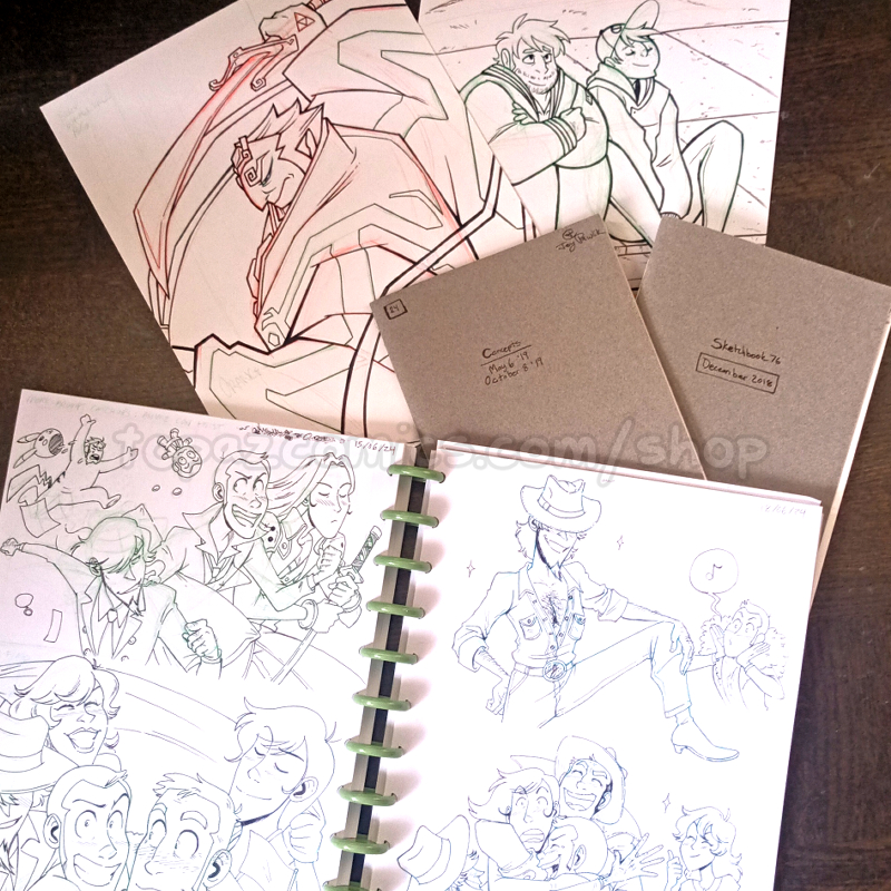 Photo of an open sketchbook, two smaller closed handsewn sketchbooks, and two black and white traditional illustrations.