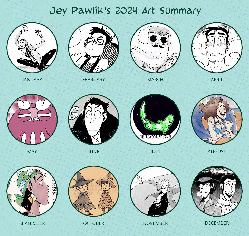 Square image with twelve circles, each dated per month: January to December. Text at the top reads "Jey Pawlik's 2023 Art Summary". Each circle has a crop from a drawing I did this year; Lupin from The Curtain Falls, myself during my hourly comics, Porco Rosso, A flushed Zenigata, Darumaka looking suspicious, Yata from The Curtain Falls, A swell shark glowing in the Abyssal Plane, Danny from NSP, concept art of Salvator from The Curse Eater, me and Max as wizards, Lupin from The Curtain Falls, and Lupin and Jigen on a Christmas market date.