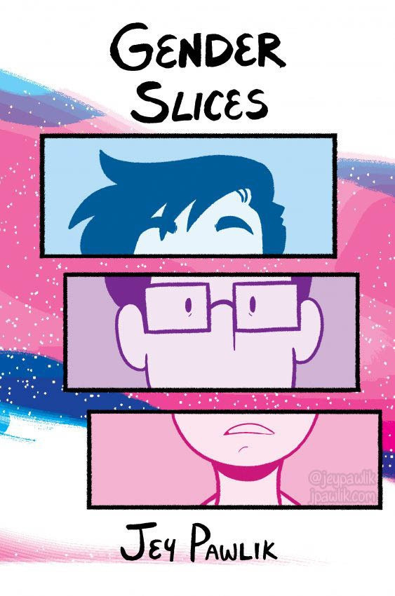 Cover of "Gender Slices". A drawing of myself is split into three panels. The first being my forehead in blue. The second is my eyes in purple. The third is my mouth and chin in pink. The title "Gender Slices" is at the top The background is a wave of white, blue and pink, being the trans colours. My name "Jey Pawlik" is at the bottom.