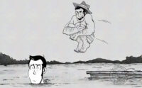 Lupin is neck deep in a lake, unbeknownst to him Zenigata has jumped from the dock behind him to disrupt Lupin's quiet swim.
