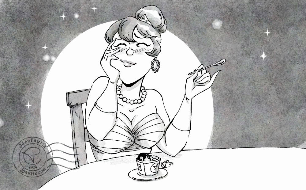 Fujiko, wearing an elegant evening gown, gloves and fancy jewellery, sits down to gleefully enjoy a cheap looking container of gelato.