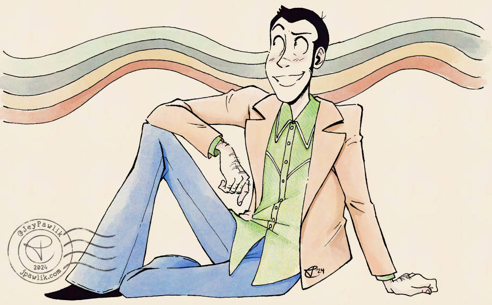 Lupin is sitting down wearing a tan blazer, a bright green button up, and bright blue bellbottom jeans. The colour scheme is extremely 70s, with the background only being a wavy rainbow of greens and oranges.