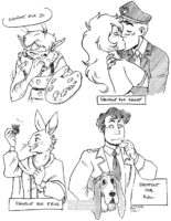 Four black inked drawings on one image. The first is a goblin holding a paintbrush and palette with the text "shoutout for jo". The second is two characters kissing, one with long wild hair and the other wearing a navy uniform the text reads "shoutout for rocket". The third is an anthropomorphic hare wearing a cape and smiling at a sparkling beetle in his hand the text reads "shoutout for frnz". The last drawing is Columbo pondering a case while holding a floppy eared dog under his other arm, text reads "shoutout for kal"