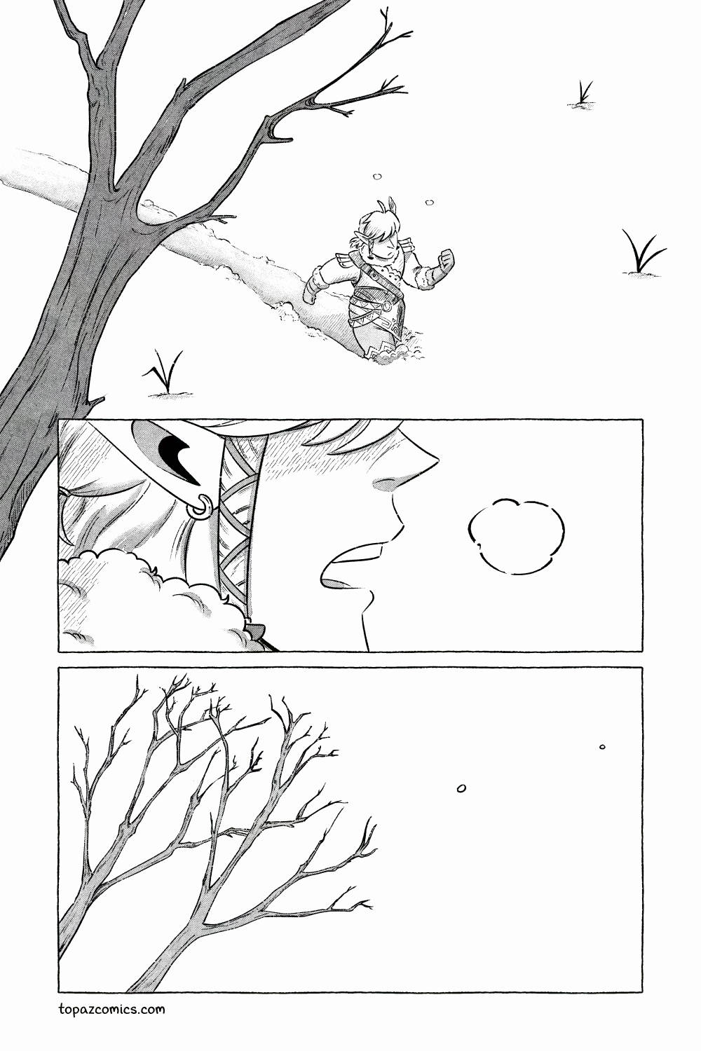Comic page done in black and white with halftones. Panel one, Link from the Legend of Zelda is trudging through the snow. Panel two, a close-up of Link from the side as he breaths heavily. Panel three, zooming out to see the tops of some bare trees and two snowflakes fall slowly from the sky.