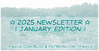Rectangular image with the text “2025 Updates, January Edition” over top of a film photo of a lake with a line of trees in the far background. The text “jpawlik.com/blog and patreon.com/jpawlik” is at the bottom of the image.