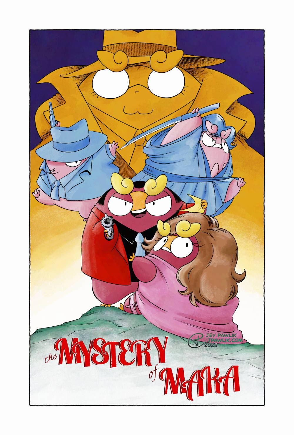 Poster illustration of the Lupin the Third Mystery of Mamo poster but everyone has been drawn as Darumakas. Lupin III aims a gun directly at you, as Fujiko, Jigen, and Goemon strike action poses in front of and behind him. Inspector Zenigata looms behind them all, orange with no pupils in his eyes. The title at the bottom reads "The Mystery of Maka"