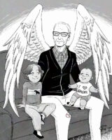 Illustration done in black and white with grey watercolour tones. An older man sits on a couch with his two grandsons on either side of him. The old man has a subtle smile and large angel wings that drape over the couch. His grandsons look at him happily and playfully.