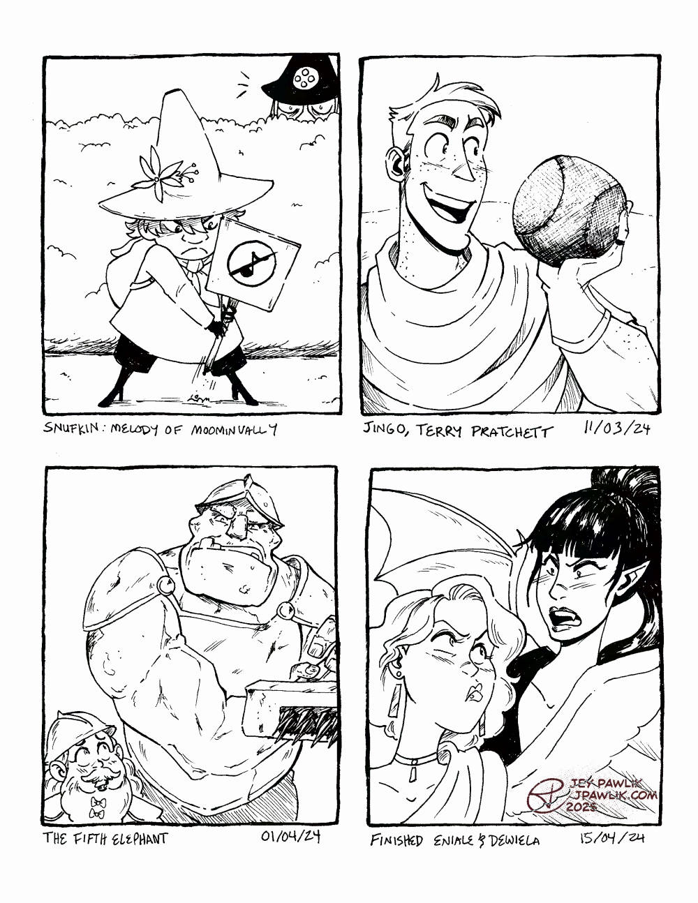 Traditionally drawn black and white illustrations of books and games that Jey finished: Snufkin: Melody of Moominvally, Jingo, The Fifth Elephant, Eniale and Dewiela