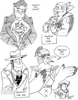 Four black inked drawings on one image. "Shoutout for Rocket" of their two characters, one leaning over the other with their big coat keeping them both warm. "Shoutout for Lake" of Michaelangelo from Teenage Mutant Ninja Turtles happily eating a very cheesy piece of pizza. "Shoutout for Kal" of Zenigata looking down at a small black kitten hidden in his trenchcoat, he's smiling. "Shoutout for TLC" of Penn and Link from Tears of the Kingdom working on their next story together, Penn is chatting away while Link writes in a notebook.