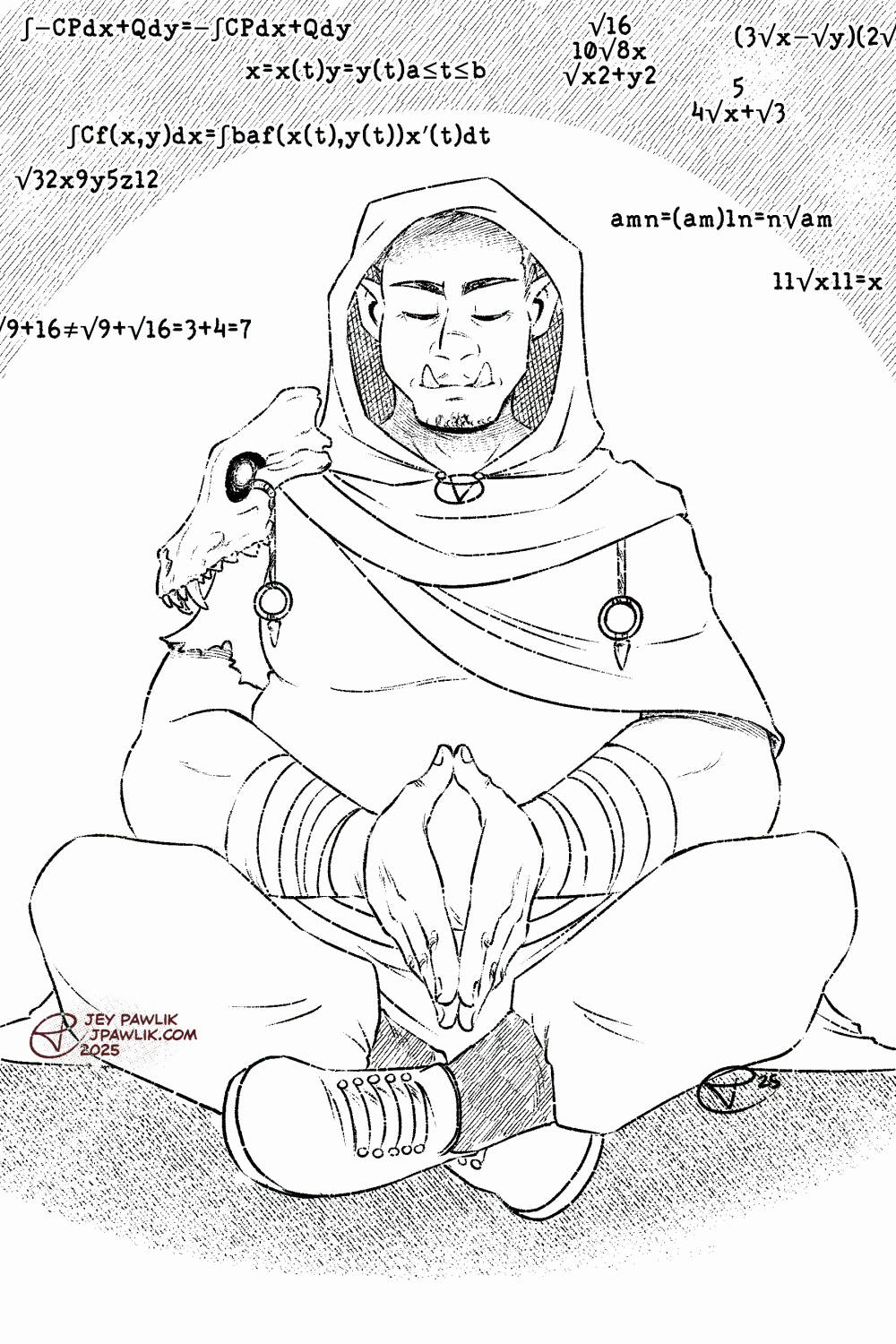 Black and white illustration commission for TLC of his original orc character, he sits in a meditative position with his eyes closed and math spells floating above him.