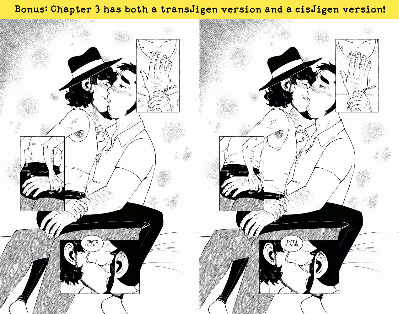 Promo image of "After All". Text in black on a yellow banner reads "Bonus: Chapter 3 has both a transJigen version and a cisJigen version!" The image shows a comic page from the zine twice, but with slight differences, the first showing Jigen wearing a binder and the second showing Jigen wearing a tank top. Jigen takes Zenigata's right hand and presses it up against his own chest, he takes Zenigata's left hand and places it near his own ass. The two kiss deeply on the hotel bed. Jigen leans in and says "That's it, stud."