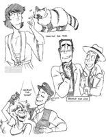 Three black and white illustrations on one image. "Shoutout for FRNZ" of Goemon happily looking at a tanuki behind him and letting it sniff his hand. "Shoutout for Lake" of Zenigata blushing while wearing Lupin's clothes and Lupin holding Zenigata's arm while wearing Zenigata's outfit. "Shoutout for Rocket" of their original characters dancing under a spotlight.