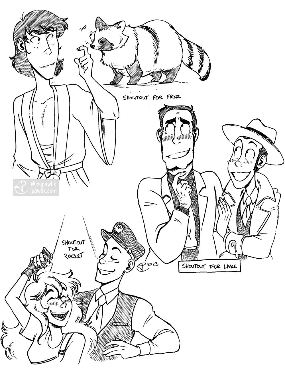 Three black and white illustrations on one image. "Shoutout for FRNZ" of Goemon happily looking at a tanuki behind him and letting it sniff his hand. "Shoutout for Lake" of Zenigata blushing while wearing Lupin's clothes and Lupin holding Zenigata's arm while wearing Zenigata's outfit. "Shoutout for Rocket" of their original characters dancing under a spotlight.