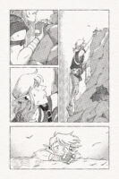 Comic page done in black and white with halftones. A close-up of Link's torso, arms, and face as he climbs up a vertical cliff. A full body shot from the side as Link struggles his way up the cliff. Upon getting to the top, with the grass around him blowing around, Link pulls himself up and looks off to the distance with wide eyes.