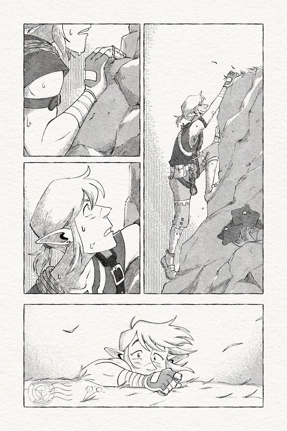 Comic page done in black and white with halftones. A close-up of Link's torso, arms, and face as he climbs up a vertical cliff. A full body shot from the side as Link struggles his way up the cliff. Upon getting to the top, with the grass around him blowing around, Link pulls himself up and looks off to the distance with wide eyes.