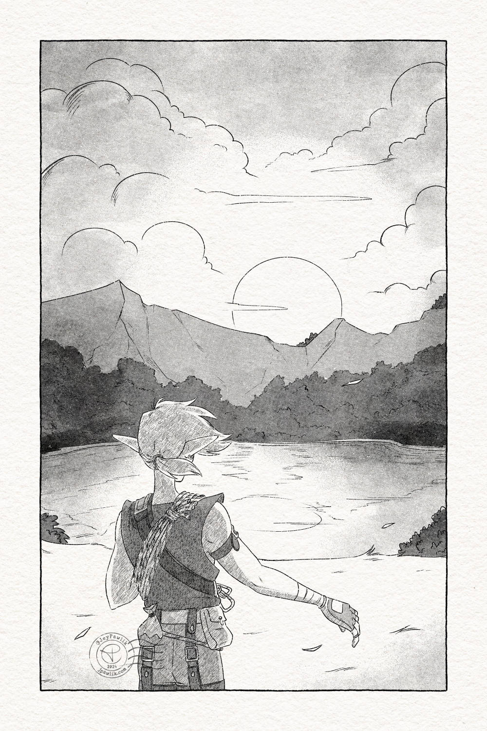 Comic page done in black and white with halftones. A medium shot of Link from behind as the wind blows through the top of the mountain he's scaled and he's met with a beautiful view of Hyrule. It's very dramatic and awe inspiring.