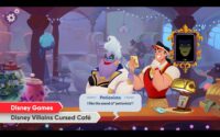 rce code · v4.3.6 Alt text Screenshot of the Disney game "Disney Villains Cursed Cafe" showing a vibrant cafe with a stylish modern looking Ursula and Gaston at the counter. A text bubble from you, the Potionista, reads "I like the sound of Potionista!"