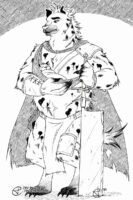 Black and white illustration with hatching. A commission of TLC's gnoll character Blackmane. Blackmane is tall and muscular with a straight back, a big gut and powerful looking arms, he has a curse which gives him black boils that leak into his fur. With his right arm he's holding a small gnoll in a sling and looking at him solemnly. In his left hand is a large weapon that's a cross between a meat cleaver and a zweihander. Blackmane is wearing bits of mismatched leather armour on his shoulder, forearms and thigh. He's wearing a worn cape, along with a belt and tabard over his bottom-half.