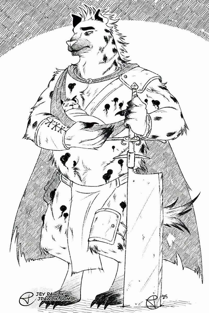 Black and white illustration with hatching. A commission of TLC's gnoll character Blackmane. Blackmane is tall and muscular with a straight back, a big gut and powerful looking arms, he has a curse which gives him black boils that leak into his fur. With his right arm he's holding a small gnoll in a sling and looking at him solemnly. In his left hand is a large weapon that's a cross between a meat cleaver and a zweihander. Blackmane is wearing bits of mismatched leather armour on his shoulder, forearms and thigh. He's wearing a worn cape, along with a belt and tabard over his bottom-half.