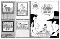 Black and white illustration with halftones, we see four panels of horse drawings in different frames on different walls, the first horse isn't drawn very well but they progress in both detail and anatomy. We see Lupin and Jigen from behind as they both watch Goemon paint a new horse. Lupin says "He's getting better." and Jigen replies "But soon our hideouts are gonna have more Goemon pieces than stolen ones."