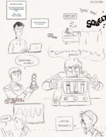 Page with a bunch of quick pencil sketches. A man covered in blood sits calmly at a computer typing "Dear Director Owens, Kat and Lenny are dead. I'm coughing. Send help ASAP. Yours truly, Simon McAdams" and "Dear Director Owens, So it was all--" with a square bubble that reads "Send." with a "Boop" sound effect. Another man naps in a bed as gun sounds and a big "Squeltch!!" happens just outside his room, narration balloon reads "Wayne Li napped 18:05 to present." Leon is holding up an award that reads "Guac" on it, the award looks like the DNA helix, he says "Guac award" with an entranced expression. Leon stands enraged in front of a puzzle in the game where you have to level different liquids, he angrily says "The Goooooooo puzzle!!" Leon is doing another puzzle trying to unlock a door with waveforms on it, the computer in front of him reads "MURF" and a zombie waits patiently for him to finish the puzzle.