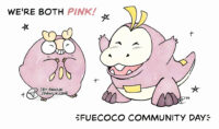 Drawing done in black lineart and light watercolour of a shiny Darumaka and a shiny Fuecoco, there's stars drawn around them. Text reads "We're both PINK!" the word pink is coloured pink. At the bottom text reads "Fuecoco community day"