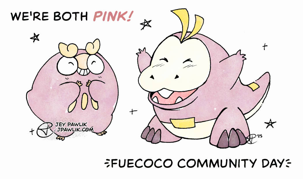 Drawing done in black lineart and light watercolour of a shiny Darumaka and a shiny Fuecoco, there's stars drawn around them. Text reads "We're both PINK!" the word pink is coloured pink. At the bottom text reads "Fuecoco community day"