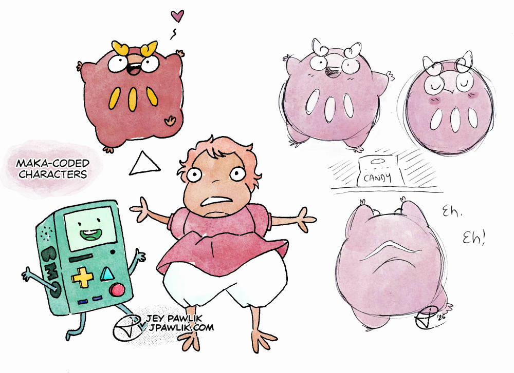 Multiple drawings on one image. The first show Darumaka, BMO from Adventure Time, and Ponyo, there's a triangle in the middle of the three of them, each point pointing to each character. Text beside it reads "Maka-coded characters". On the right side of the image show three ballpoint doodles of Darumaka, one where she's standing and smiling with her arms out, one where she's sleeping, and one where she's trying to climb up to reach a bag of candy.