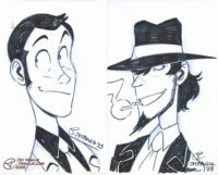 Two traditionally drawn illustrations on one image, both with black ink. A bust of Lupin the Third smiling and looking to the left. Jigen grinning while smoking and looking to the right.