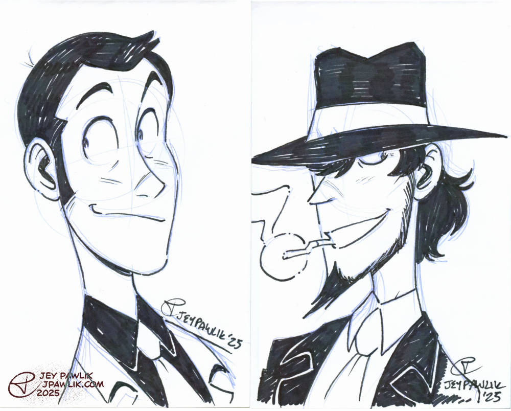 Two traditionally drawn illustrations on one image, both with black ink. A bust of Lupin the Third smiling and looking to the left. Jigen grinning while smoking and looking to the right.