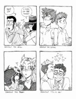 Four black and white illustrations on one image. "Shoutout for Amiel" showing Lupin blocking his face from Jigen taking a photo of him, Lupin says "Hey! Stop." and Jigen replies with a smile "I model for you though!" there's a little 'clk' sound effect from the shutter. "Shoutout for Khiari" of Taichi and Izzy from Digimon Adventure, the two are blushing and sitting shoulder to shoulder. "Shoutout for Peggy" Varian from the Tangled tv series giving Rayla from The Dragon Prince a kiss on her hand as she blushes. "Shoutout 'to my Ari'" of two original characters belonging to the request asker, a boy with short cropped light hair gives a kiss to another boy, whom is wearing big circular glasses and has short dark hair. There's hearts coming from above their heads.