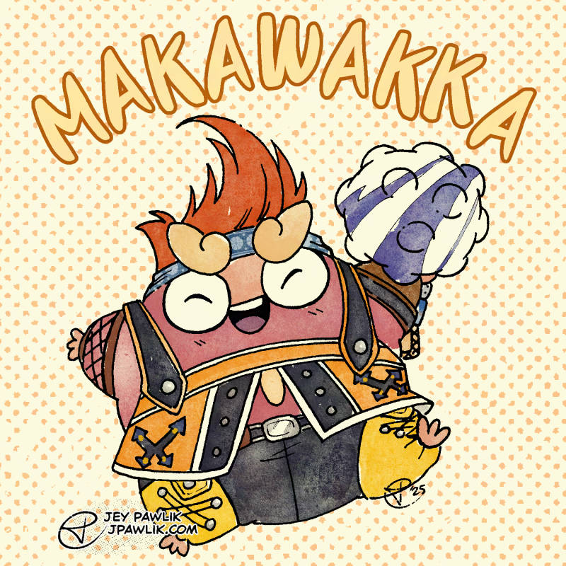 Illustration of the Pokemon Darumaka, traditionally inked but digitally coloured. Darumaka is front and center, jumping happily while she's dressed as Wakka from Final Fantasy 10. The text "MakaWakka" is above her head and she's holding a blitzball as well.