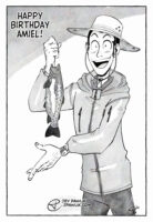 Digital illustration in black and white with grey textured tones, of Lupin dressed in an outdoor type outfit, including a fishing hat and jacket. He's looking at the camera as if posing for a photo while holding a fish from a line and presenting it.
