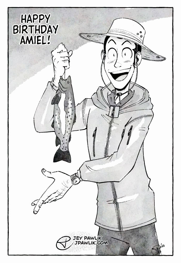 Digital illustration in black and white with grey textured tones, of Lupin dressed in an outdoor type outfit, including a fishing hat and jacket. He's looking at the camera as if posing for a photo while holding a fish from a line and presenting it.