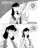 One image with three illustrations. The first takes up half of the entire page, where Goemon is pulling out his sword while looking at the camera and saying "There's no price my blade cannot cut." A logo is on his left that reads "Goemans Do Appliances Right" and a note on the bottom right reads "There's an outlet in Ontario called Goemans." The bottom half of the image show two redraws of Goemon based on Part 2 screenshots, one where Goemon has his eyes closed and has long beautiful eyelashes while sparkles and bubbles hover around him like a shoujo manga. The last where Goemon is sitting with his eyes closed, holding his sword with two hands and saying "Male loves male. It can be possible." a quote from Part 2.