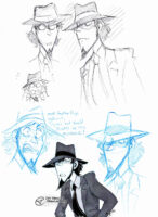 One image with multiple sketches on it, done in black and blue ballpoint pen on paper. Multiple faces of Jigen, a surprised one, a menacing one, a frightened one, a small surprised one, a neutral one, and on the bottom one where he's got his hands in his pockets leaning over and looking up -- this one is also toned in with a watercolour texture.