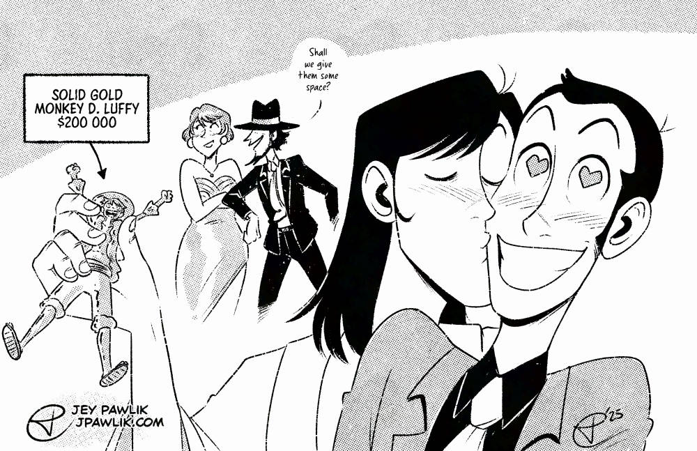 Black and white illustration with halftones, we see Goemon holding a solid gold figure of Monkey D. Luffy labelled $200 000. Goemon is giving Lupin a kiss on the cheek and Lupin is smiling wildly with hearts in his eyes. In the background, Jigen is nudging Fujiko saying "Shall we give them some space?" both smiling.