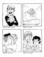 Four black and white illustrations on one image, all done traditionally. "Shoutout for Jonnie" of Chilchuck from Delicious in Dungeon with his arms crossed and looking to the left as he's presumably saying something. "Shoutout for Max" of Darumaka wearing a sailor outfit looking out to the sea while on a ship. "Shoutout for TLC" of their original characters, both in a romantic embrace and one kissing the other on the cheek while the other smiles brightly. "Shoutout for Peggy" of Bilbo teaching a young Frodo how to write, there are papers in front of them on a table.