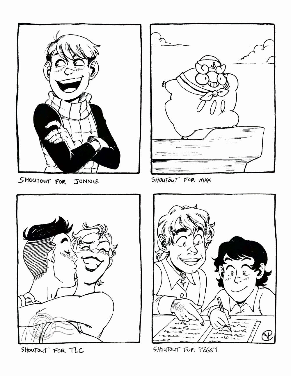 Four black and white illustrations on one image, all done traditionally. "Shoutout for Jonnie" of Chilchuck from Delicious in Dungeon with his arms crossed and looking to the left as he's presumably saying something. "Shoutout for Max" of Darumaka wearing a sailor outfit looking out to the sea while on a ship. "Shoutout for TLC" of their original characters, both in a romantic embrace and one kissing the other on the cheek while the other smiles brightly. "Shoutout for Peggy" of Bilbo teaching a young Frodo how to write, there are papers in front of them on a table.