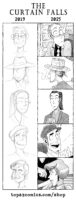 An image comparing Jey's initial sketches of the Lupin cast in their 60s, done in 2019, versus panels from the final comic The Curtain Falls, done in 2025. There's comparisons for Lupin, Jigen, Goemon, Zenigata and Fujiko.