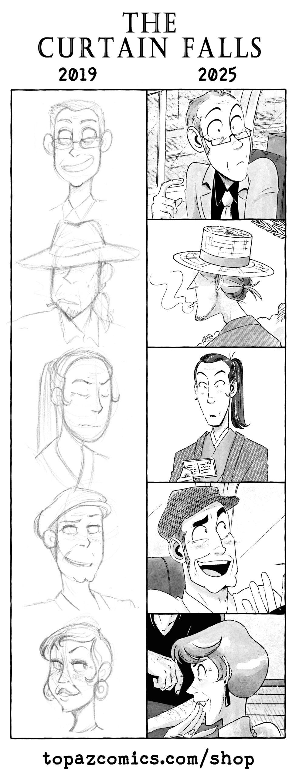 An image comparing Jey's initial sketches of the Lupin cast in their 60s, done in 2019, versus panels from the final comic The Curtain Falls, done in 2025. There's comparisons for Lupin, Jigen, Goemon, Zenigata and Fujiko.