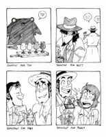 Four black and white illustrations on one image, all done traditionally. "Shoutout for TLC" of Cryptid from Jey and Max's forthcoming comic Cryptid Likes Beer, where he's sitting at a bar with some mozzarella sticks and a flight of four different beers excitedly. "Shoutout for Rett" where Jigen in a trench coat is writing something in a notebook and looking over his shoulder at Zenigata in the background who's chatting away. "Shoutout for Toby" Lupin and Zenigata on vacation together, wearing vacation outfits and sharing a fancy milkshake. "Shoutout for Peggy" Zenigata excitedly opening his wallet which has many photos of his daughter, who's also beside him and shocked by the baby photos.