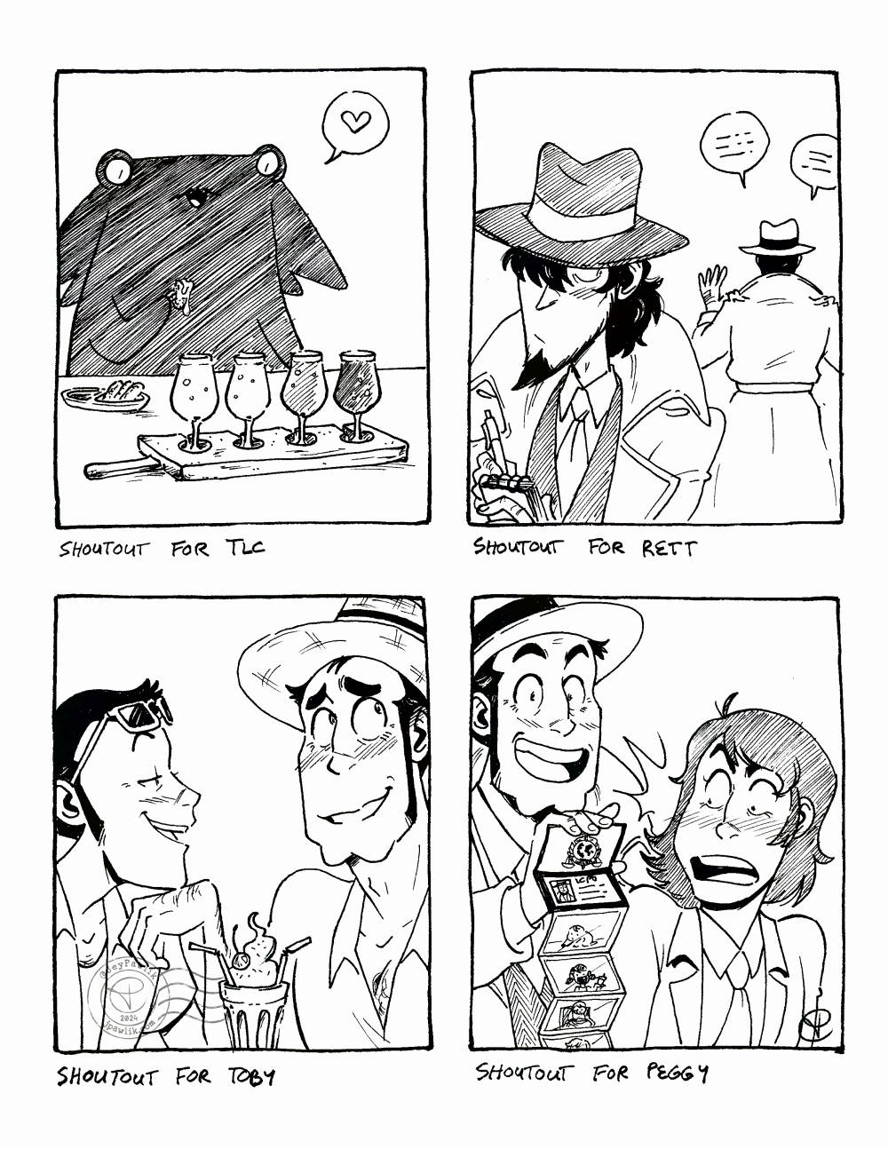 Four black and white illustrations on one image, all done traditionally. "Shoutout for TLC" of Cryptid from Jey and Max's forthcoming comic Cryptid Likes Beer, where he's sitting at a bar with some mozzarella sticks and a flight of four different beers excitedly. "Shoutout for Rett" where Jigen in a trench coat is writing something in a notebook and looking over his shoulder at Zenigata in the background who's chatting away. "Shoutout for Toby" Lupin and Zenigata on vacation together, wearing vacation outfits and sharing a fancy milkshake. "Shoutout for Peggy" Zenigata excitedly opening his wallet which has many photos of his daughter, who's also beside him and shocked by the baby photos.