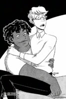 Digital illustration of two characters, both of them watching something to the right off-screen. One is sitting in the lap of the other.