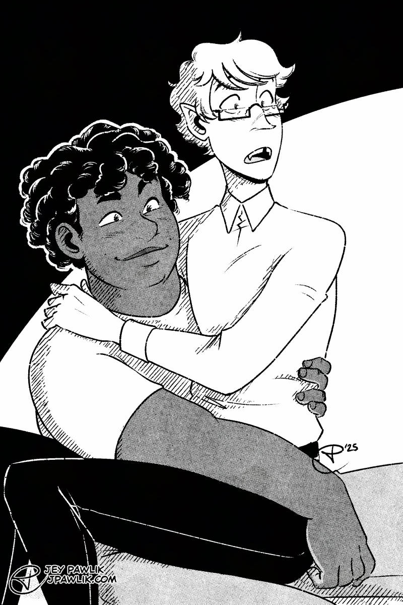 Digital illustration of two characters, both of them watching something to the right off-screen. One is sitting in the lap of the other.