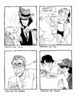 Four black and white illustrations on one image, all done traditionally. "Shoutout for Jonnie" of Jigen wearing a cowboy outfit, smiling and smoking while his arm is resting on a horse's saddle. "Shoutout for TLC" of Ulf from Jey's comic "Long Haul Leisure Time" meeting the alien from the videos he watches, he's nervously saying "Oh um! I'm a huge fan!" the alien smiles at him. "Shoutout for Richard" of an old Daniel Molloy from Interview with the Vampire, he's got his notebook out and is looking unsure about it. "Shoutout for Peggy" of Lupin and Jigen from Lupin Zero playing marbles together.