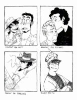 Four black and white traditional illustrations on one image. "Shoutout for Rett" where Jigen and Zenigata are on a date and Jigen is taking a lick from Zenigata's icecream cone. "Shoutout for Richard" of Daniel Molloy being kissed on the forehead by Armand. "Shoutout for Riddler76" of Jigen lounging in his boxers, binder and hat while smoking. "Shoutout for TLC" of their original pokemon trainer character, who's wearing a baseball uniform and cap with a Natu sitting on their head.