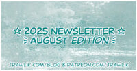 Rectangular image with the text “2025 Updates, August Edition” over top of a film photo showing a line of trees and a lake. The text “jpawlik.com/blog and patreon.com/jpawlik” is at the bottom of the image.