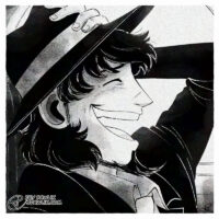Digital illustration of a fake black and white square photo of Jigen laughing. He's holding his hat and his eyes are closed with his mouth in a wide open laugh.