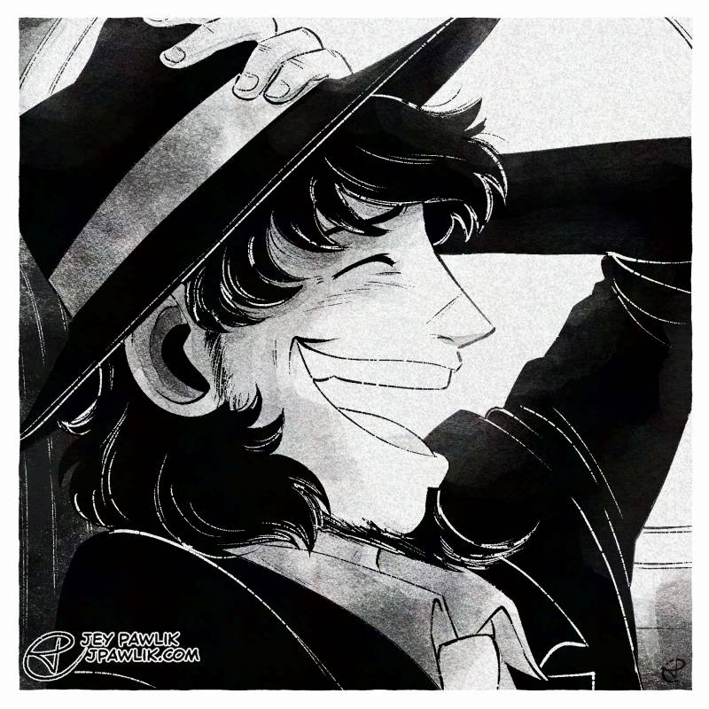 Digital illustration of a fake black and white square photo of Jigen laughing. He's holding his hat and his eyes are closed with his mouth in a wide open laugh.